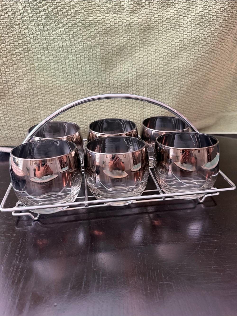 Vintage MCM Mirrored Silver Ombre Glass Tumbler Set with Carrying Rack